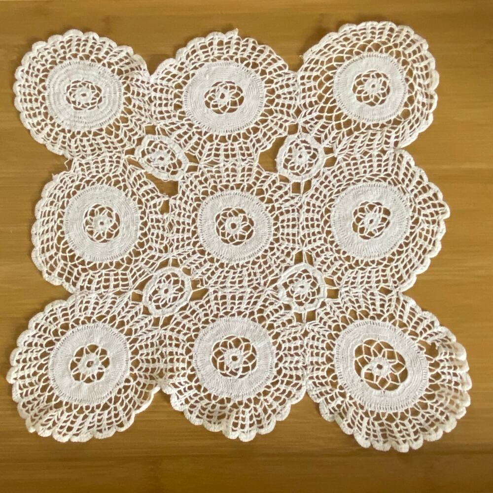 Vintage Handmade Crochet Floral Medallion Doily 11" Cotton Table Topper Flawed